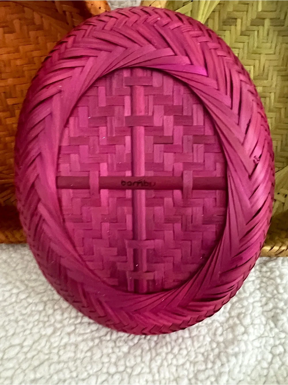 Crate & Barrel Woven Bambu Baskets Set of 3-Magenta, Orange, Natural color Oval